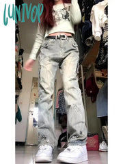 Lunivop Women Design Low Rise Denim Pants Hip-Pop Straight Leg Long Trousers American Vintage Gyaru