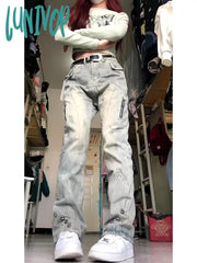 Lunivop Women Design Low Rise Denim Pants Hip-Pop Straight Leg Long Trousers American Vintage Gyaru