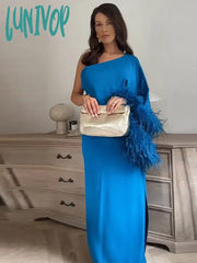 Lunivop Women Diagonal Shoulder Patchwork Feather Dress Sexy Solid Loose Split Maxi Vestido Elegant