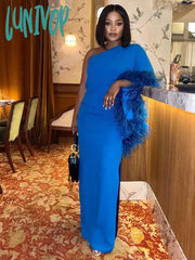 Lunivop Women Diagonal Shoulder Patchwork Feather Dress Sexy Solid Loose Split Maxi Vestido Elegant