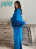 Lunivop Women Diagonal Shoulder Patchwork Feather Dress Sexy Solid Loose Split Maxi Vestido Elegant