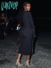 Lunivop Women Diamond Square Collar Flared Sleeves Tight Design Long Sleeved Split Midi Bandage