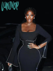 Lunivop Women Diamond Square Collar Flared Sleeves Tight Design Long Sleeved Split Midi Bandage