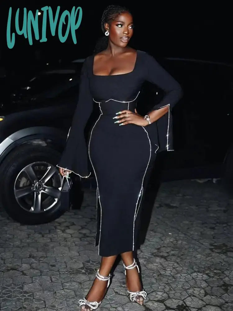 Lunivop Women Diamond Square Collar Flared Sleeves Tight Design Long Sleeved Split Midi Bandage