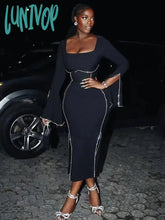 Lunivop Women Diamond Square Collar Flared Sleeves Tight Design Long Sleeved Split Midi Bandage