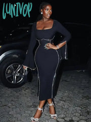 Lunivop Women Diamond Square Collar Flared Sleeves Tight Design Long Sleeved Split Midi Bandage