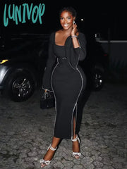 Lunivop Women Diamond Square Collar Flared Sleeves Tight Design Long Sleeved Split Midi Bandage