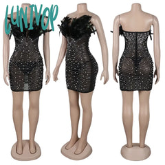 Lunivop Women Diamonds Hot Rhinestones Feather Mesh Strapless Plunging V-Neck Bodycon Midi Dress