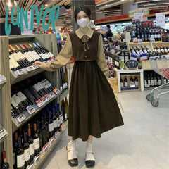Lunivop Women Dress Long Sleeve Elegant Patchwork One-Piece Preppy Style New Korean Fashion Office