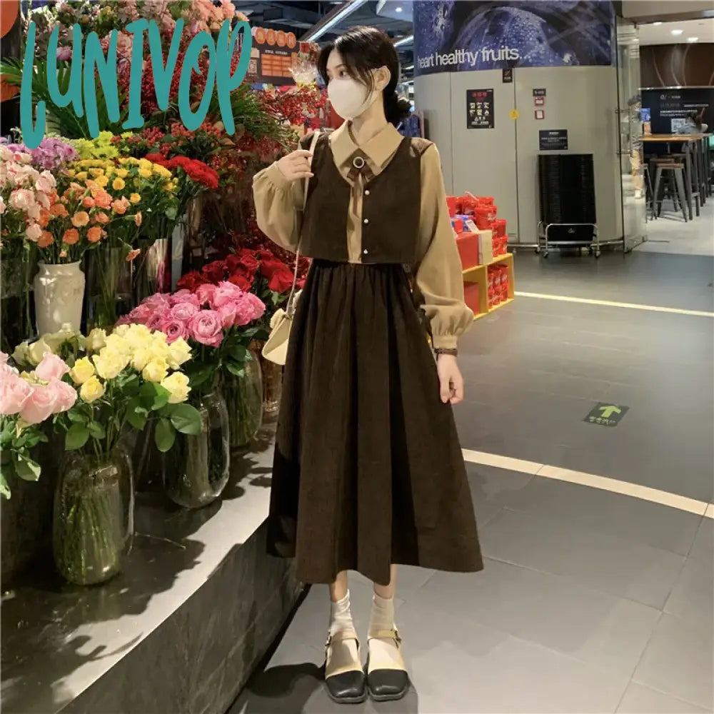 Lunivop Women Dress Long Sleeve Elegant Patchwork One-Piece Preppy Style New Korean Fashion Office