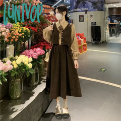 Lunivop Women Dress Long Sleeve Elegant Patchwork One-Piece Preppy Style New Korean Fashion Office