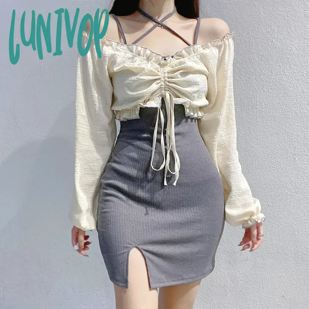 Lunivop Women Dress Sexy 2 Piece Sets Strap Vintage Dresses Elegant Long Sleeve Tops Blouse Female