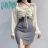 Lunivop Women Dress Sexy 2 Piece Sets Strap Vintage Dresses Elegant Long Sleeve Tops Blouse Female
