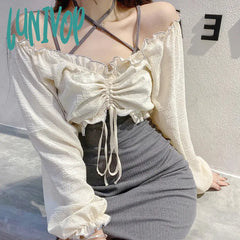 Lunivop Women Dress Sexy 2 Piece Sets Strap Vintage Dresses Elegant Long Sleeve Tops Blouse Female