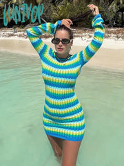 Lunivop Women Dress Sexy Y2K Green Stripe Knit Summer Beach Club Party Outfits Fashion Bodycon