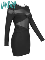 Lunivop Women Elegant Black Long Sleeved O-Neck Bow Mesh Patchwork Fashion Bodycon Mini Dress