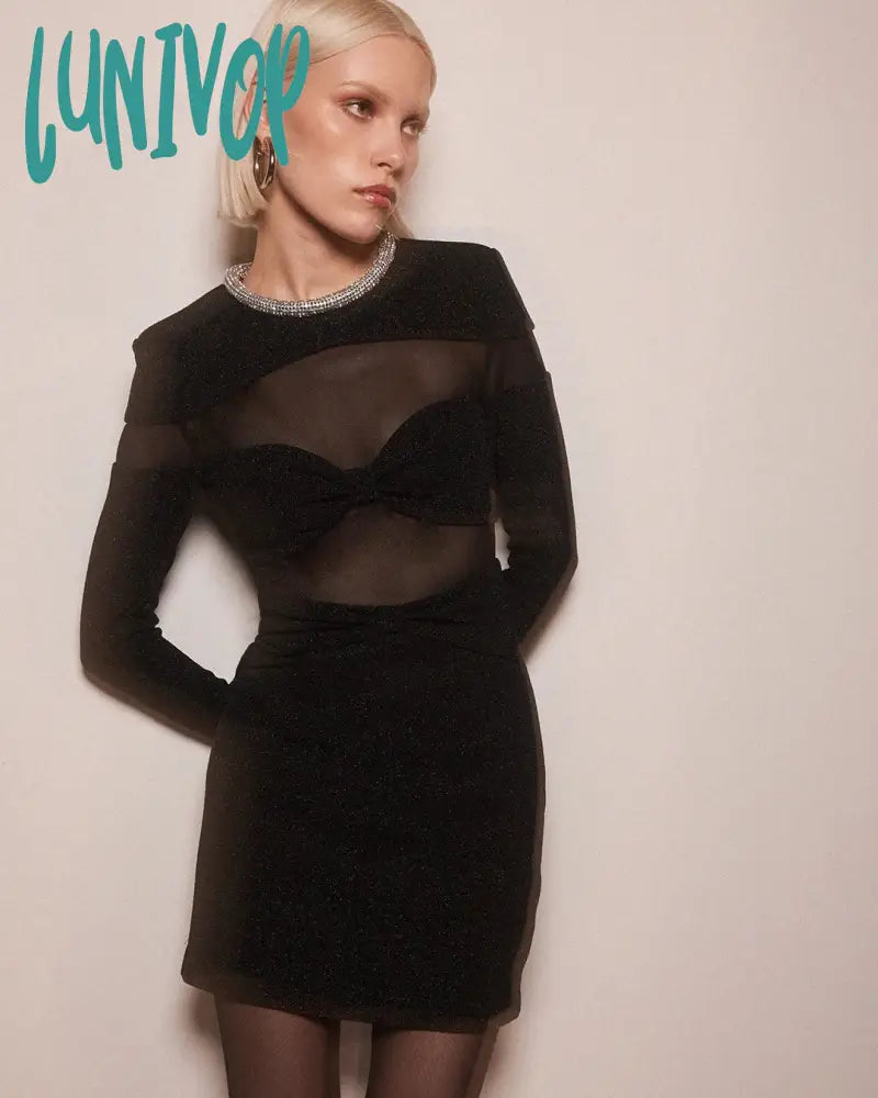 Lunivop Women Elegant Black Long Sleeved O-Neck Bow Mesh Patchwork Fashion Bodycon Mini Dress