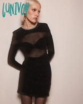 Lunivop Women Elegant Black Long Sleeved O-Neck Bow Mesh Patchwork Fashion Bodycon Mini Dress