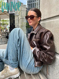 Lunivop Women Elegant Chic Side Lace Up Short Leather Jacket Fashion Lapel Long Sleeve Pocket Crop