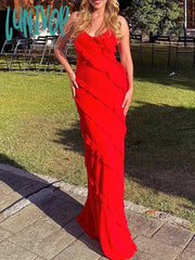 Lunivop Women Elegant Deep V Neck Maxi Dress Sexy Ruffles Backless Party Club Dresses Fashion