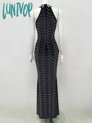 Lunivop Women Elegant High Quality Diamond Hot Drill Crystal Mesh Sleeveless Bodycon Long Maxi