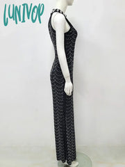 Lunivop Women Elegant High Quality Diamond Hot Drill Crystal Mesh Sleeveless Bodycon Long Maxi