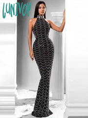 Lunivop Women Elegant High Quality Diamond Hot Drill Crystal Mesh Sleeveless Bodycon Long Maxi