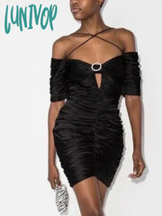 Lunivop Women Elegant High Quality Sexy Off The Shoulder Ruched Satin Short Sleeve Backless Cutout