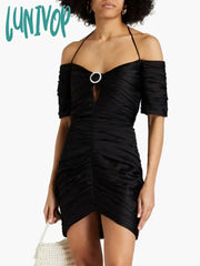 Lunivop Women Elegant High Quality Sexy Off The Shoulder Ruched Satin Short Sleeve Backless Cutout