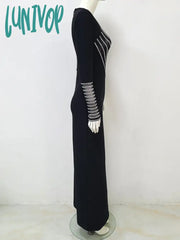 Lunivop Women Elegant Luxury Long Sleeve Mesh Patchwork Diamond Bodycon Bandage Dress Vestidos De