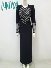 Lunivop Women Elegant Luxury Long Sleeve Mesh Patchwork Diamond Bodycon Bandage Dress Vestidos De