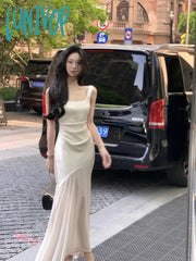 Lunivop Women Elegant Luxury Party Prom Midi Dress Summer Solid Irregular Mesh Straps Princess