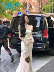 Lunivop Women Elegant Luxury Party Prom Midi Dress Summer Solid Irregular Mesh Straps Princess