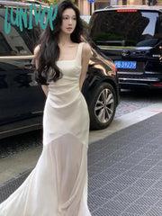 Lunivop Women Elegant Luxury Party Prom Midi Dress Summer Solid Irregular Mesh Straps Princess