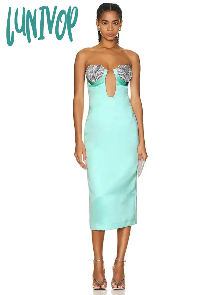 Lunivop Women Elegant Luxury Sexy Strapless Backless Rhinestone Diamonds Bodycon Bandage Dress