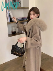 Lunivop Women Elegant Pink Sweet Wool Coats Fur Collar Casual Loose Korean Warm With Belt Winter
