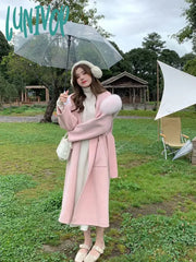 Lunivop Women Elegant Pink Sweet Wool Coats Fur Collar Casual Loose Korean Warm With Belt Winter