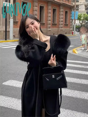 Lunivop Women Elegant Pink Sweet Wool Coats Fur Collar Casual Loose Korean Warm With Belt Winter