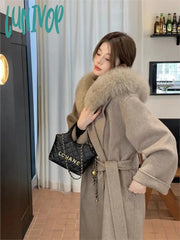 Lunivop Women Elegant Pink Sweet Wool Coats Fur Collar Casual Loose Korean Warm With Belt Winter