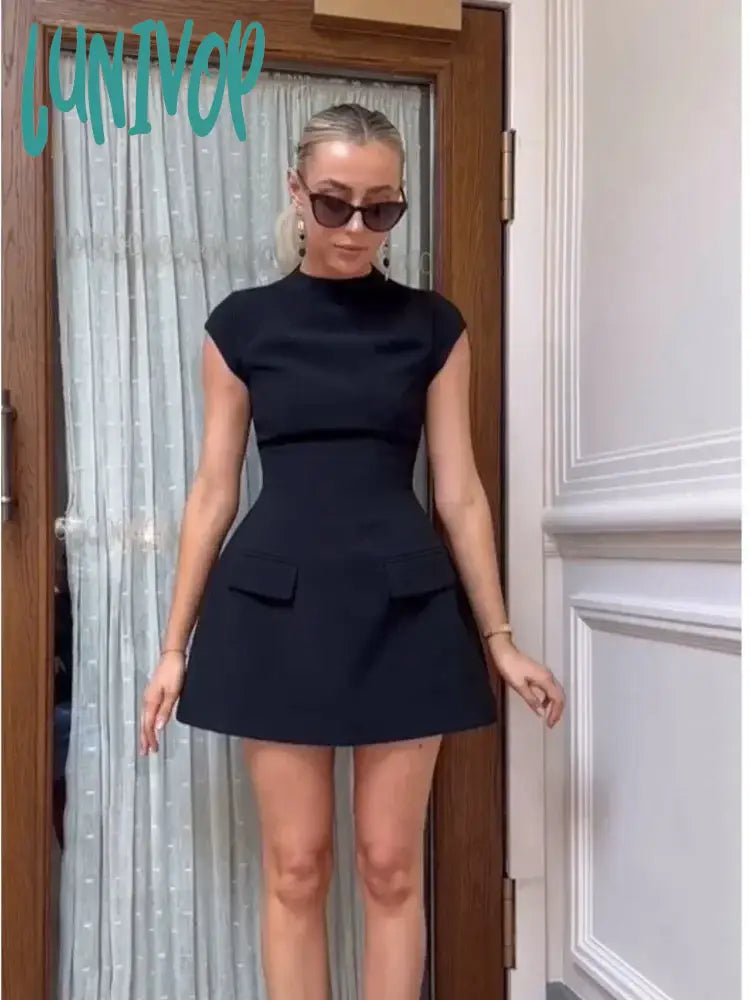 Lunivop Women Elegant Slim Solid Pockets Mini Dress Fashion O-Neck Short Sleeve A-Line Dresses