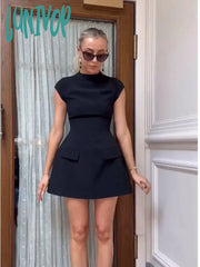 Lunivop Women Elegant Slim Solid Pockets Mini Dress Fashion O-Neck Short Sleeve A-Line Dresses