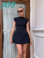 Lunivop Women Elegant Slim Solid Pockets Mini Dress Fashion O-Neck Short Sleeve A-Line Dresses