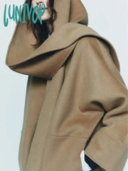Lunivop Women Elegant Solid Double Faced Hood Scarf Wool Coat Chic Round Neck Long Sleeves Pockets
