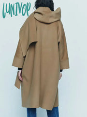 Lunivop Women Elegant Solid Double Faced Hood Scarf Wool Coat Chic Round Neck Long Sleeves Pockets