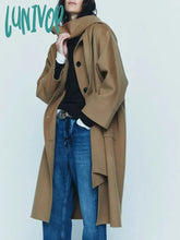 Lunivop Women Elegant Solid Double Faced Hood Scarf Wool Coat Chic Round Neck Long Sleeves Pockets