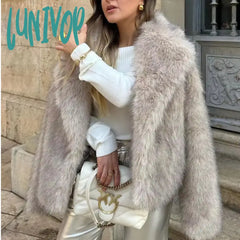 Lunivop Women Elegant Solid Thicken Faux Furry Coat Chic Lapel Long Sleeve Single Breasted Warm