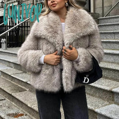 Lunivop Women Elegant Solid Thicken Faux Furry Coat Chic Lapel Long Sleeve Single Breasted Warm