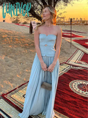 Lunivop Women Elegant Strapless Pleated Maxi Dress Fashion Backless Sleeveless Chest Wrapping