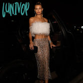 Lunivop Women Fashion Clothes New Elegant Two Pieces Sets Sexy Feathers Tops & Skirt Casual