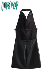 Lunivop Women Fashion Dresses Imitation Leather Black Backless Tight Cropped Dress Woman Vintage